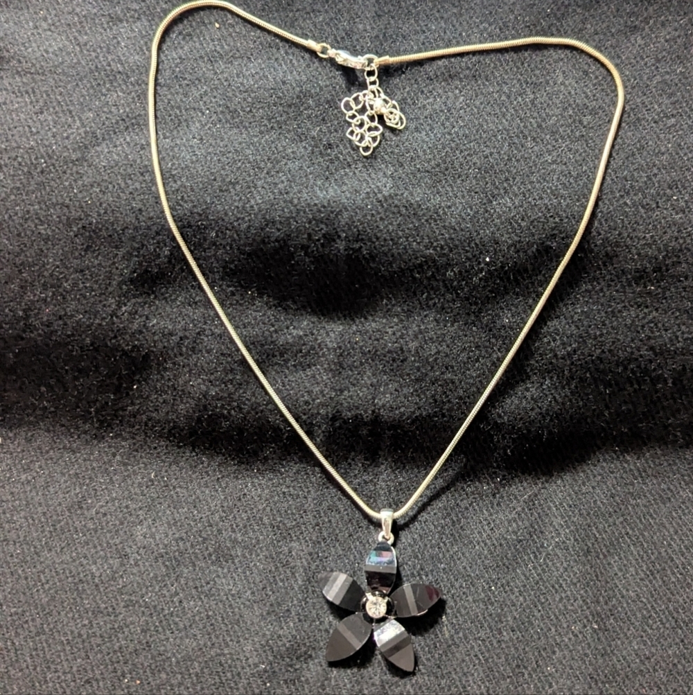 Silver Tone Black Flower Floral Pendant Statement Necklace